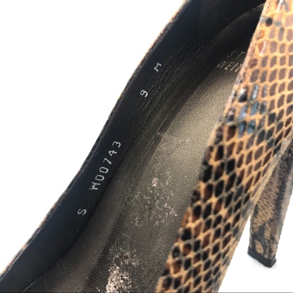 STUART WEITZMAN BROWN & BLACK LEATHER ANIMAL PRINT SNAKESKIN EMBOSSED HEELS (9)